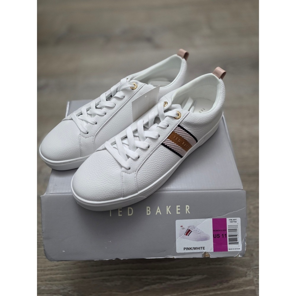 Ted Baker Women White Leather‎ Sneakers Striped Accent Rose Size 11us